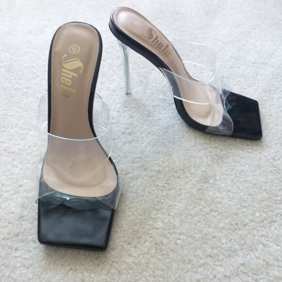 SHEIN black square toe stiletto slip-on heels with clear strap - Picture 1 of 9